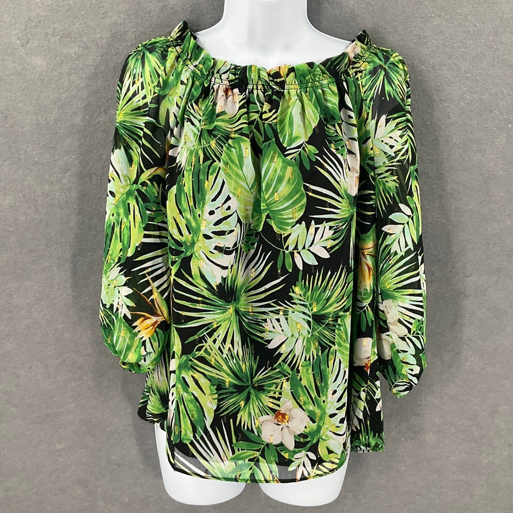 White House Black Market Women's Sz M Green Tropical Off Shoulder Blouse Travel